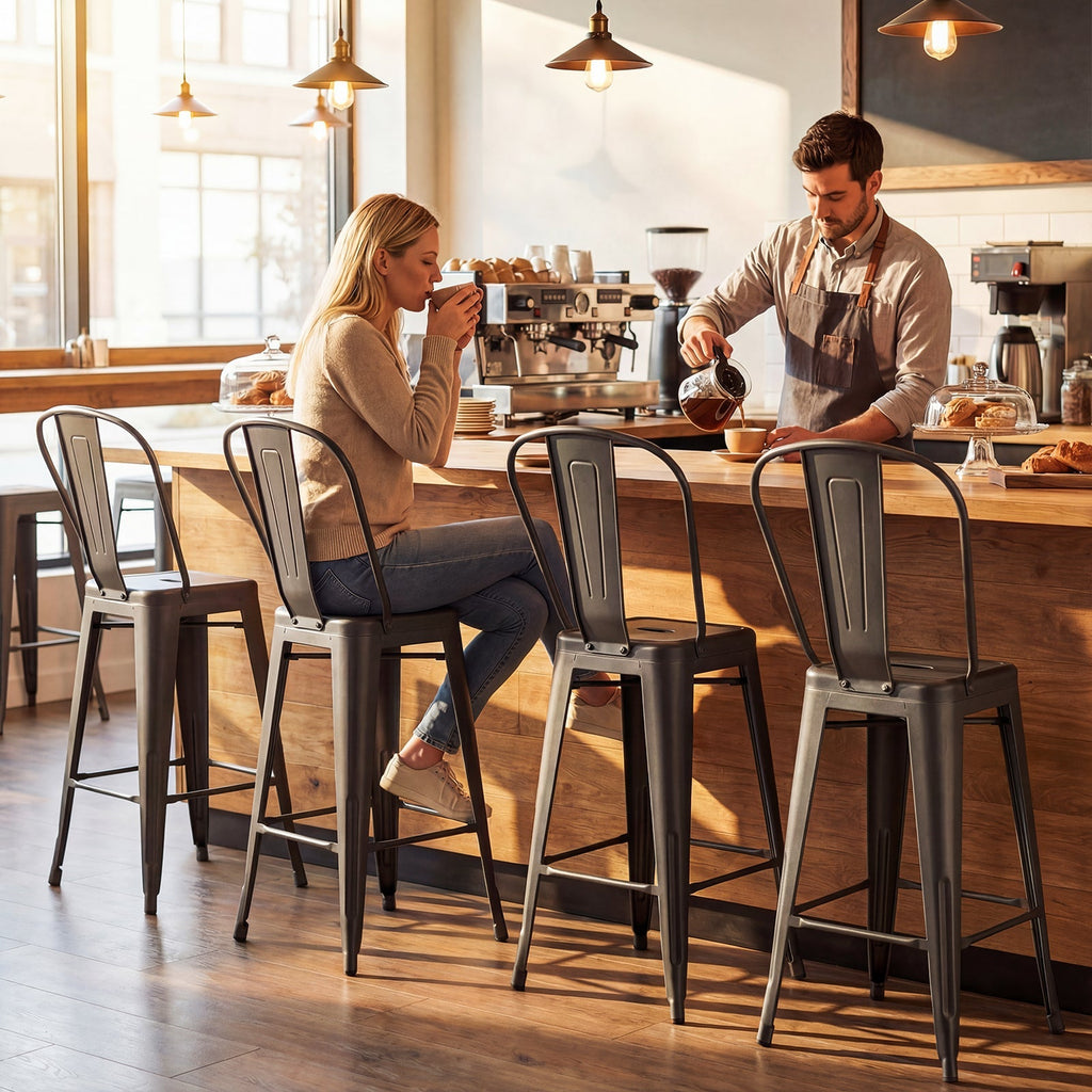 Set of 4 Metal Bar Stools with Backrests and Footrests