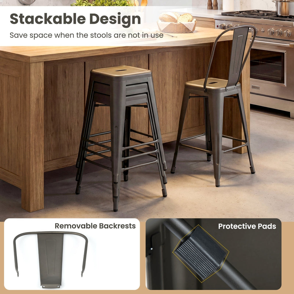 Set of 4 Metal Bar Stools with Backrests and Footrests