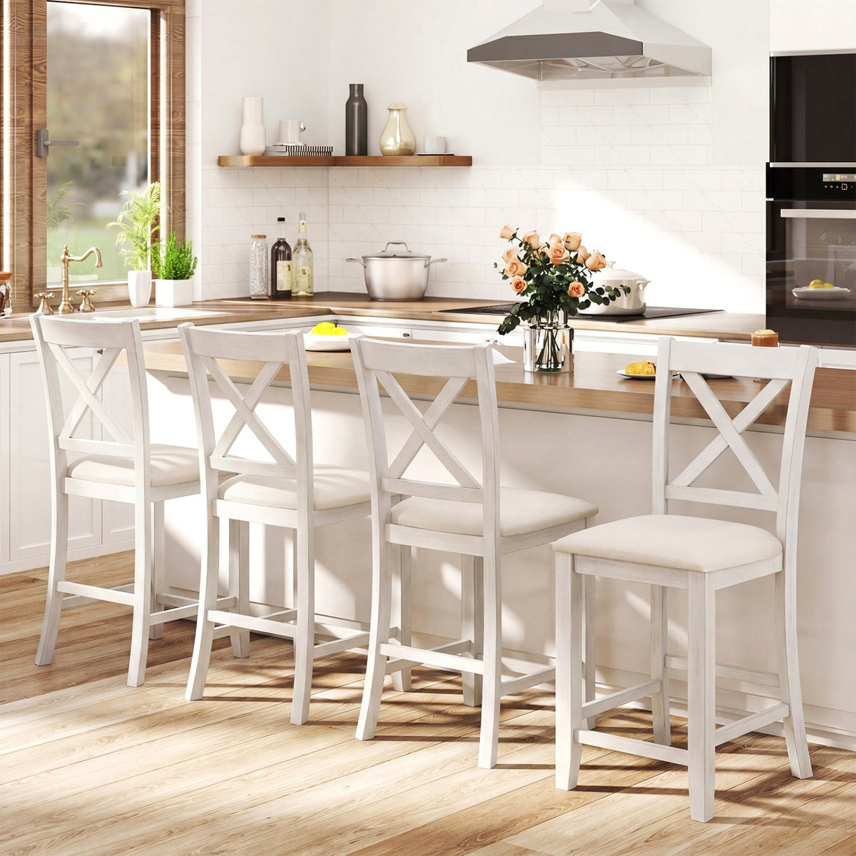 Counter Height Bar Stools Set of 4 with Footrest - White