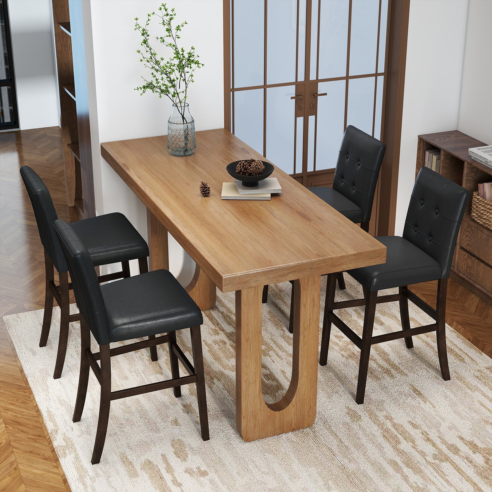 Set of 4 PVC Dining Leather Bar Stools with Solid Wood Legs