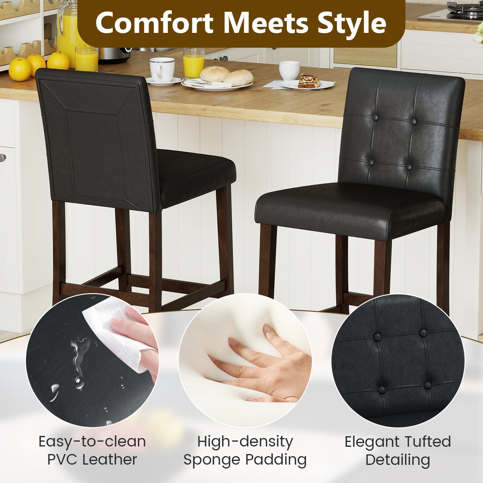 Set of 4 PVC Dining Leather Bar Stools with Solid Wood Legs