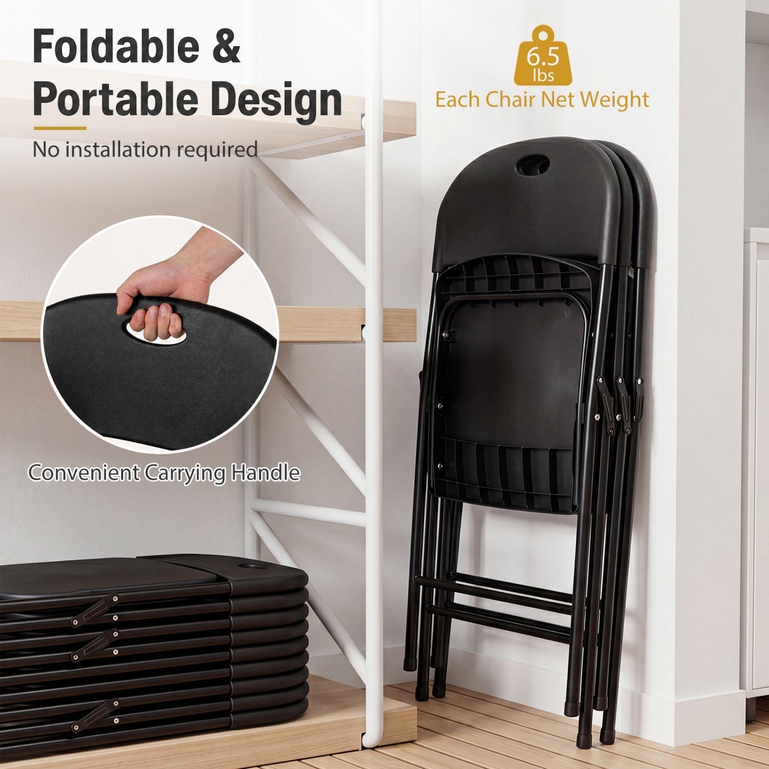 Foldable Plastic Dining Chairs Set of 6 with Ergonomic Backrest