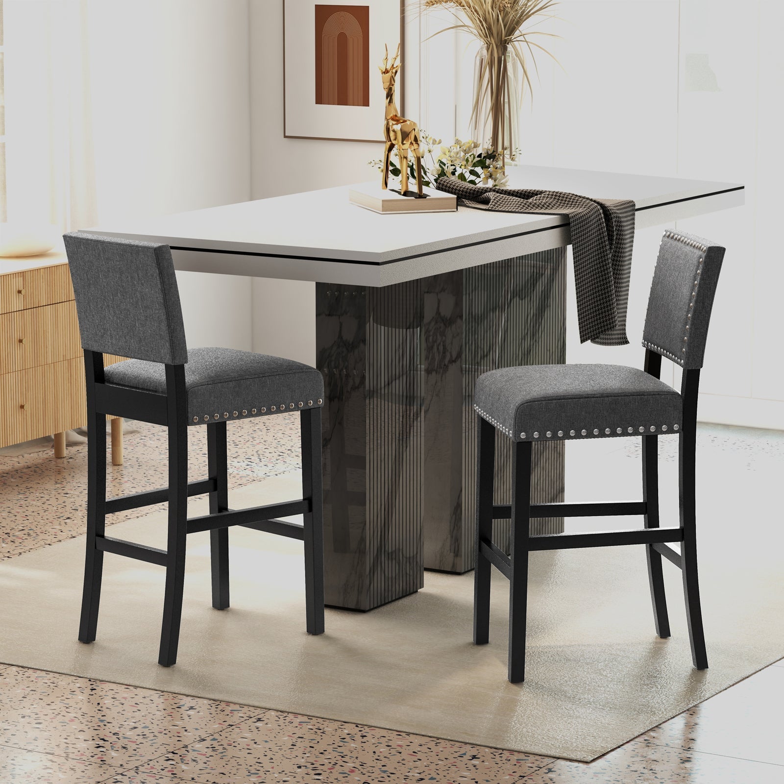 38.5/43.5 Inch Set of 2 Counter Height Chairs with Solid Rubber Wood Frame