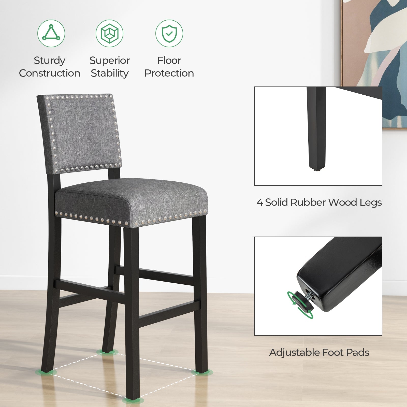 38.5/43.5 Inch Set of 2 Counter Height Chairs with Solid Rubber Wood Frame