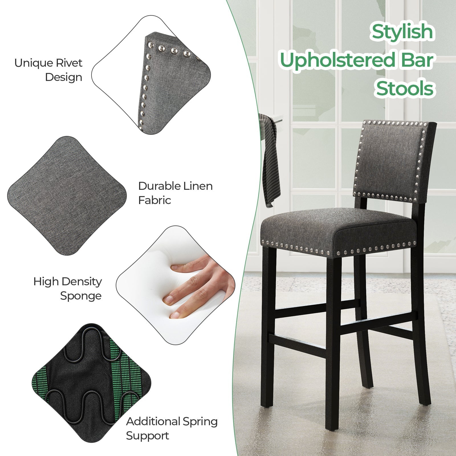 38.5/43.5 Inch Set of 2 Counter Height Chairs with Solid Rubber Wood Frame