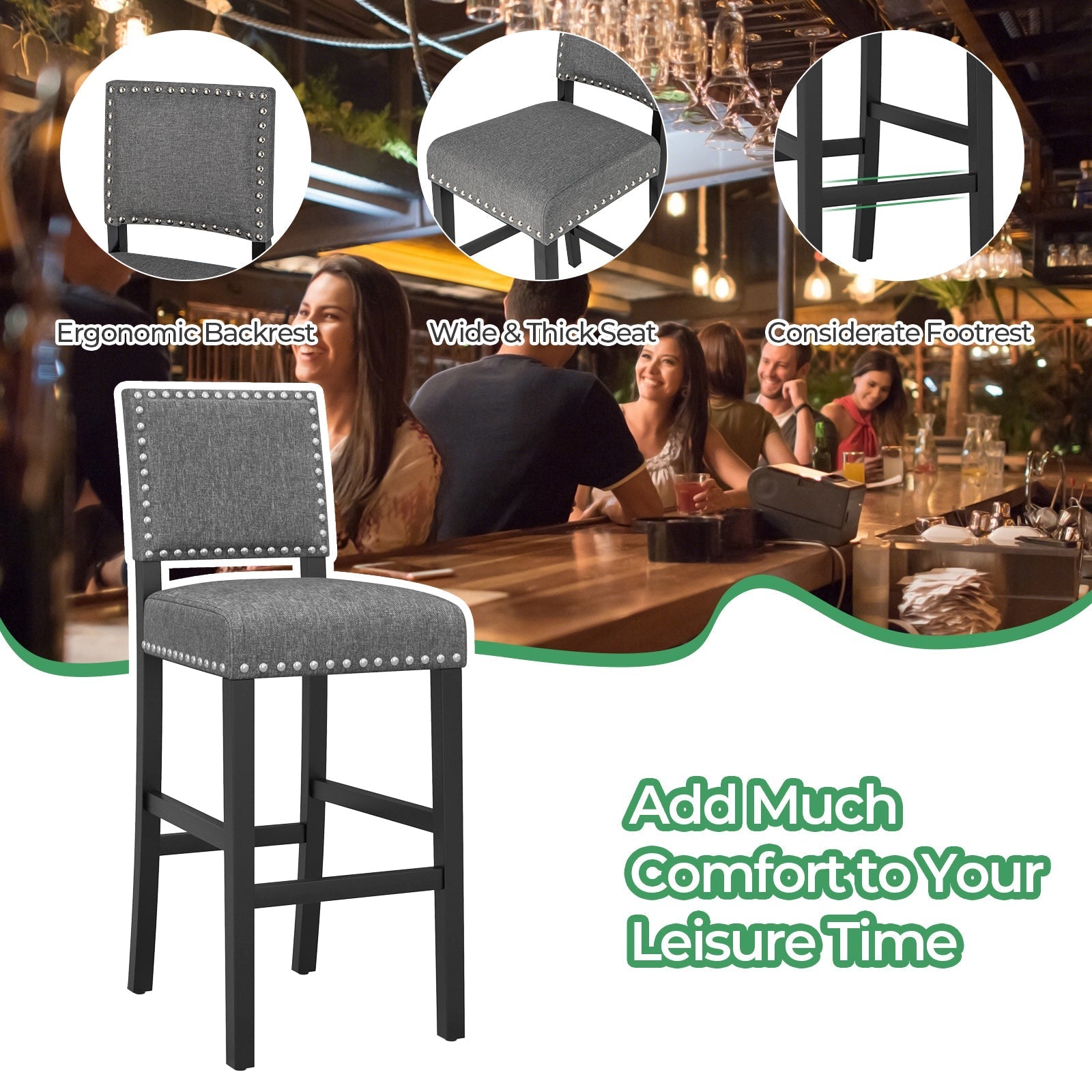 38.5/43.5 Inch Set of 2 Counter Height Chairs with Solid Rubber Wood Frame
