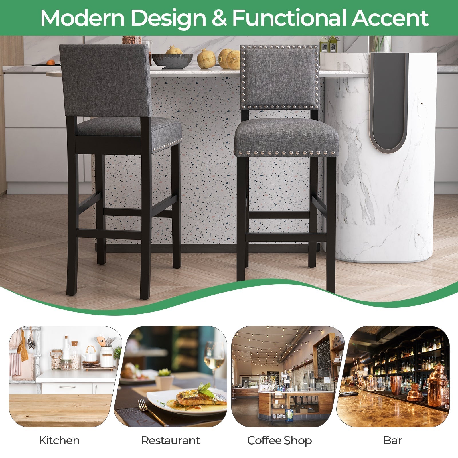 38.5/43.5 Inch Set of 2 Counter Height Chairs with Solid Rubber Wood Frame