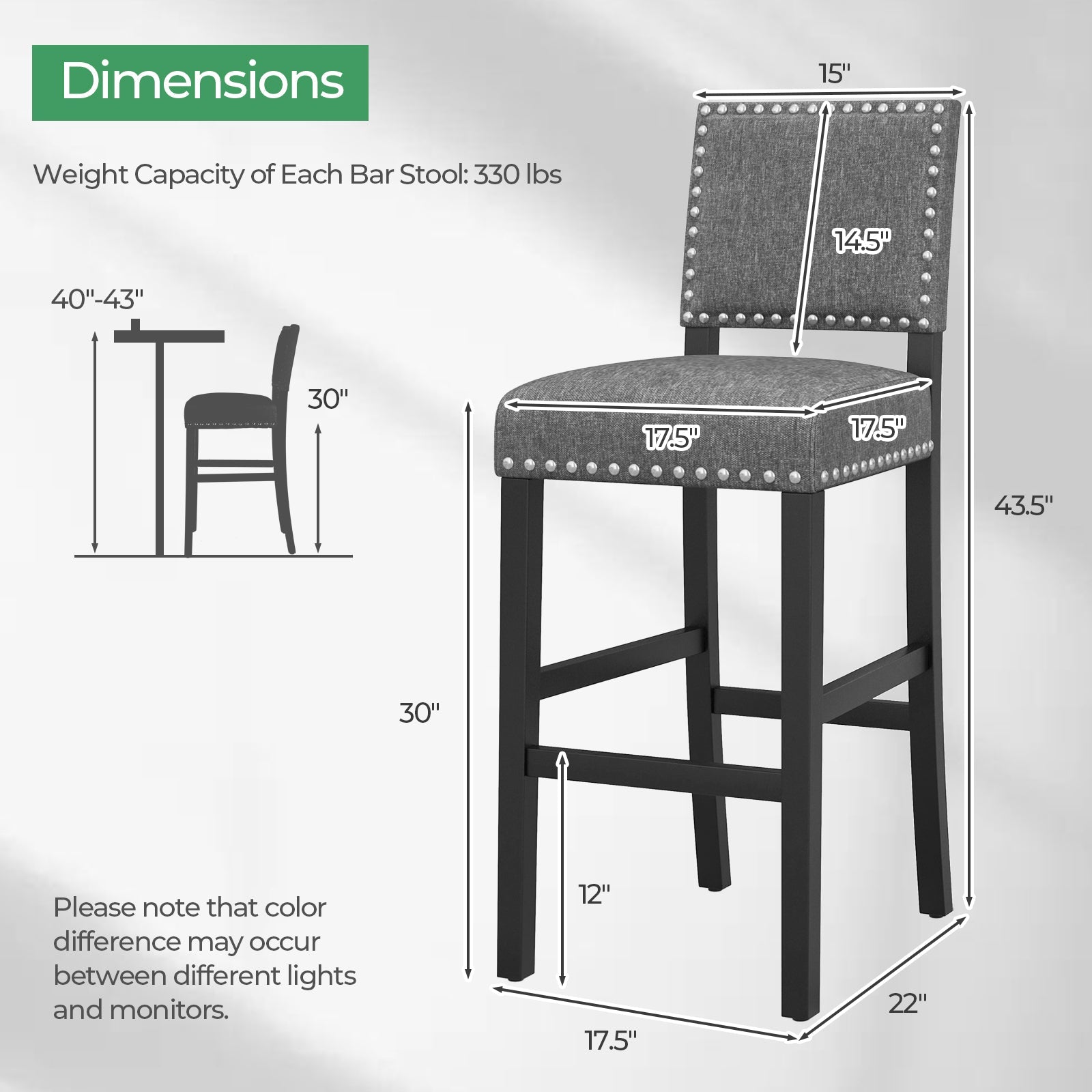 38.5/43.5 Inch Set of 2 Counter Height Chairs with Solid Rubber Wood Frame