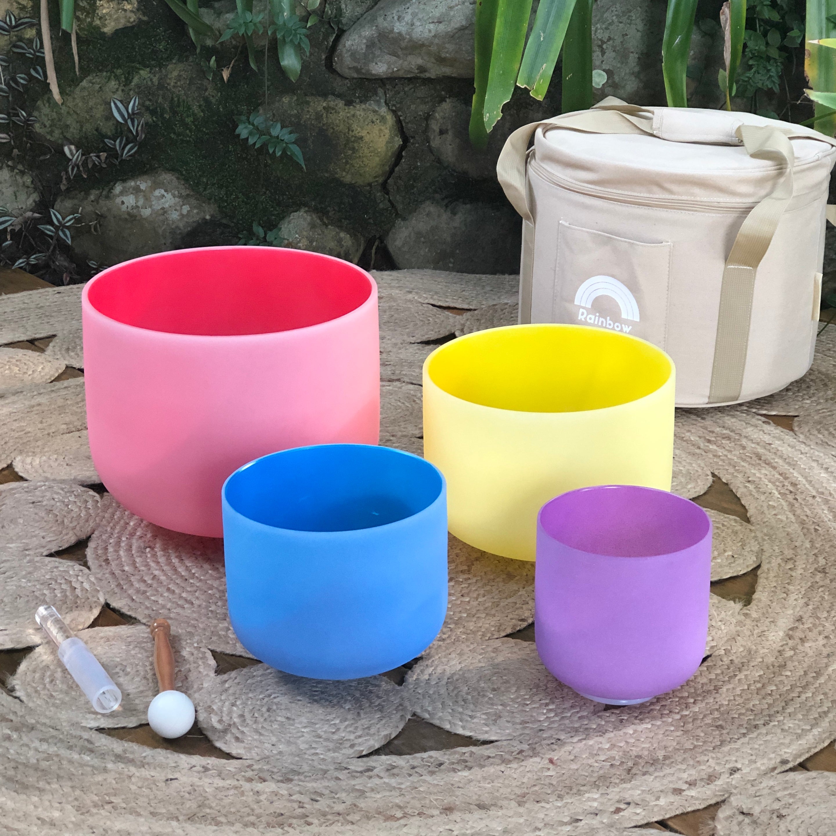 Set of 4 Rainbow Color Sound Therapy Bowls in Beige Carry-On Case