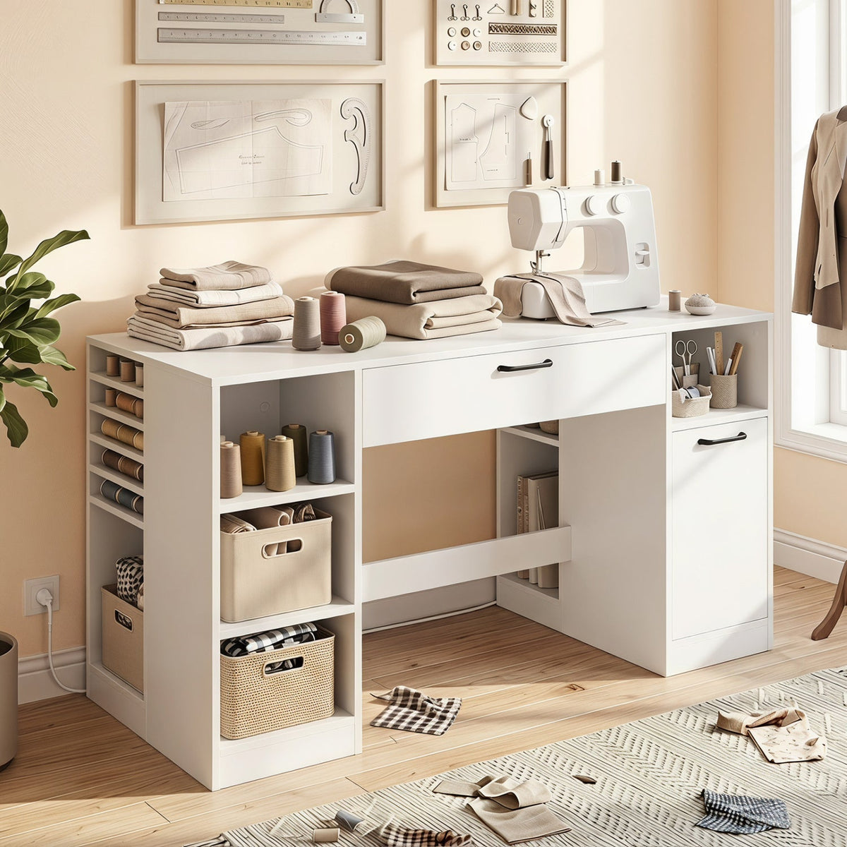 Sewing Table with Power Outlets and Storage Drawers
