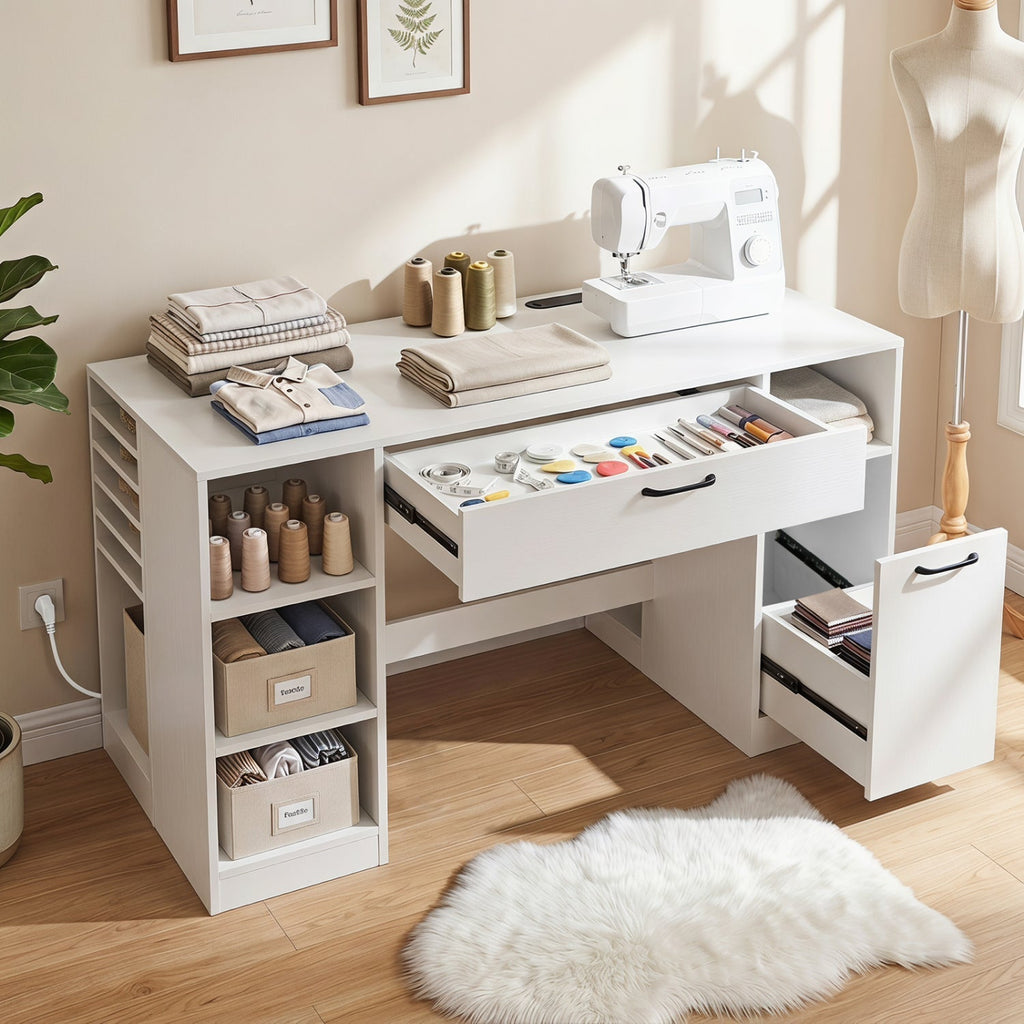 Sewing Table with Power Outlets and Storage Drawers