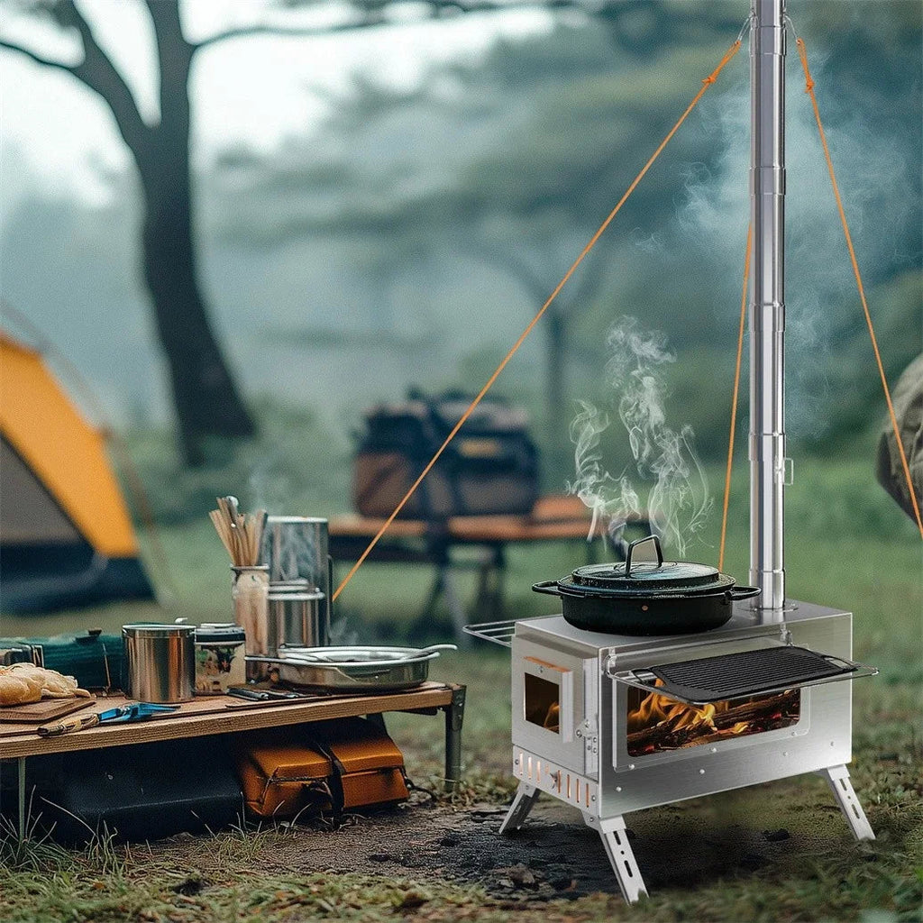 Wood Burning Portable Tent Stove With 6 Stainless Chimney Pipes