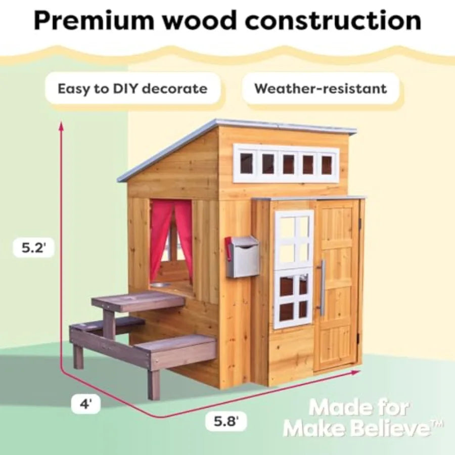 Outdoor Wooden Playhouse For Kids Ages 3 And Up With Picnic Table Mailbox Grill
