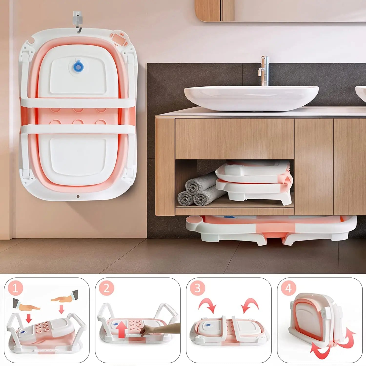 Foldable Baby Bath Tub With Cushion Thermometer Non Slip