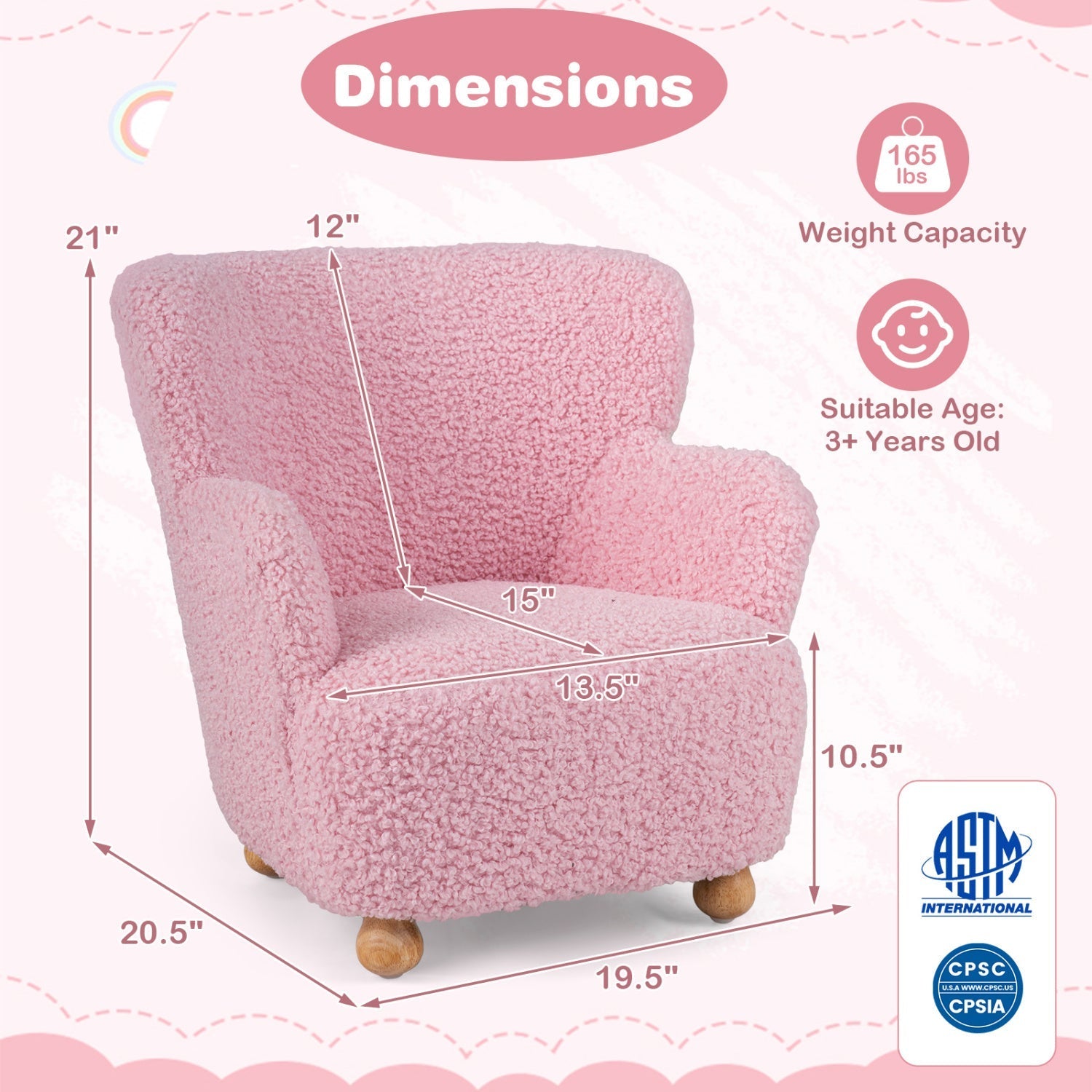 Kids Sherpa Armchair with Solid Wood Legs - Light Pink