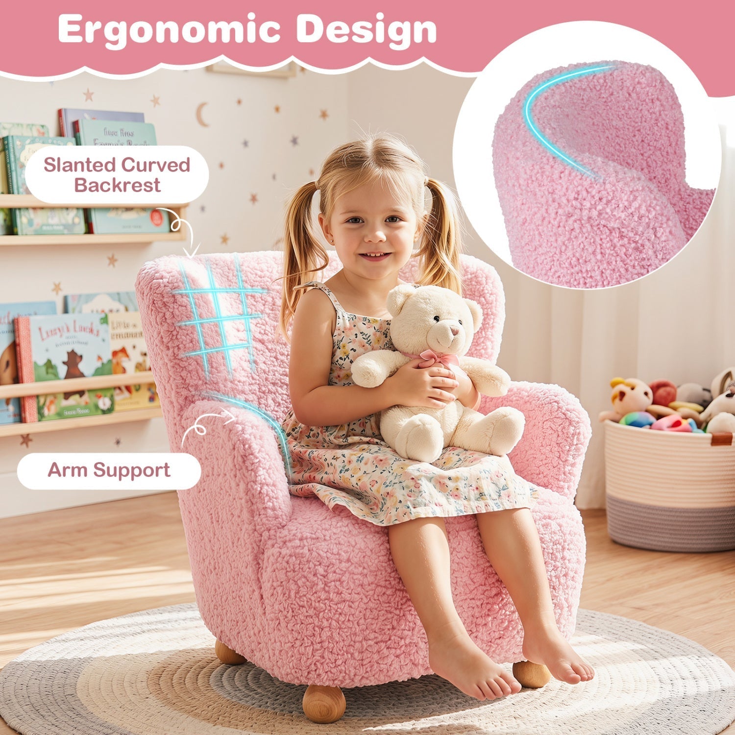Kids Sherpa Armchair with Solid Wood Legs - Light Pink