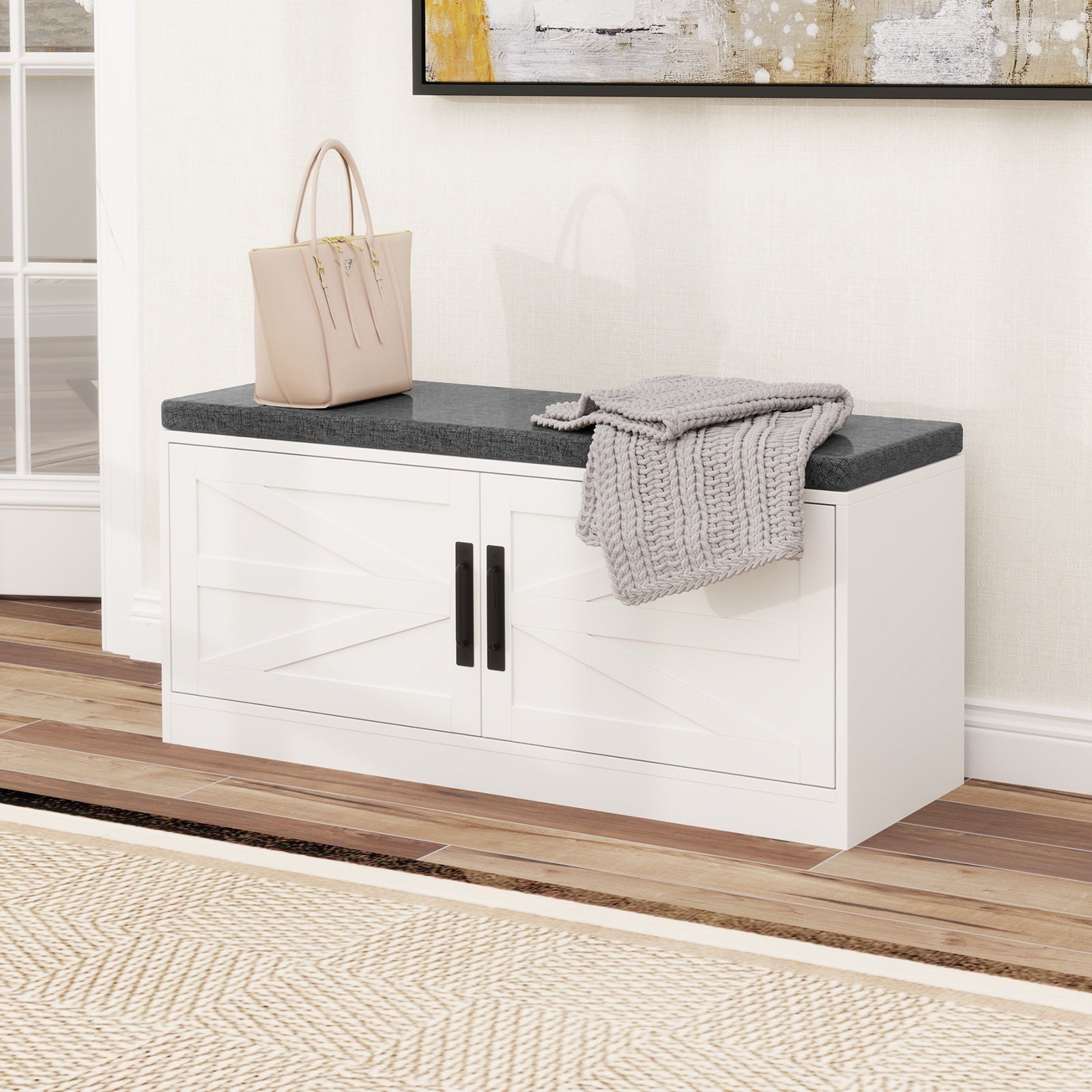 Shoe Bench with Cushion Farmhouse Shoe Rack Organizer with 2 Barn Doors-White