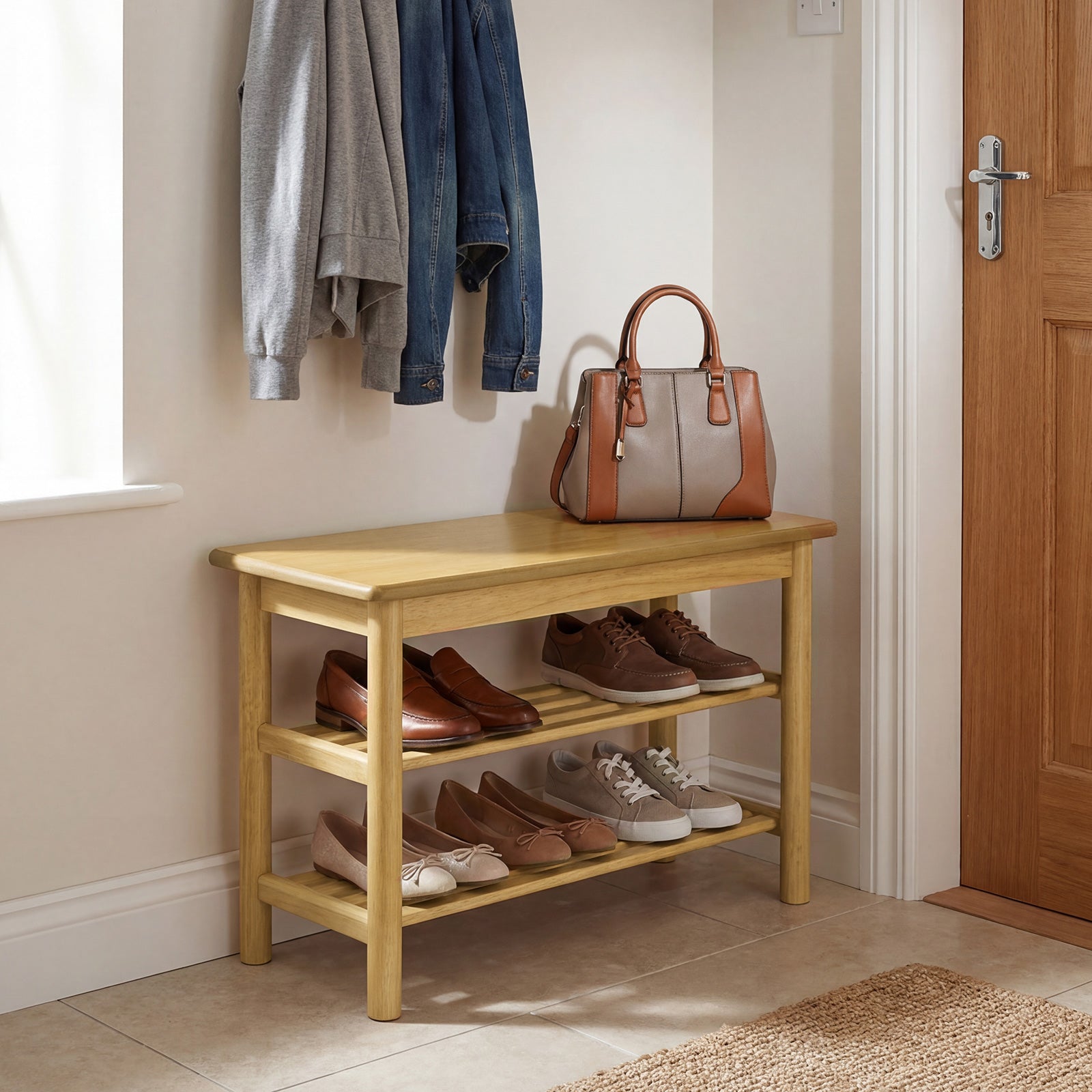 Shoe Rack Bench 3-Tier Rubberwood Shoe Changing Bench-Natrual