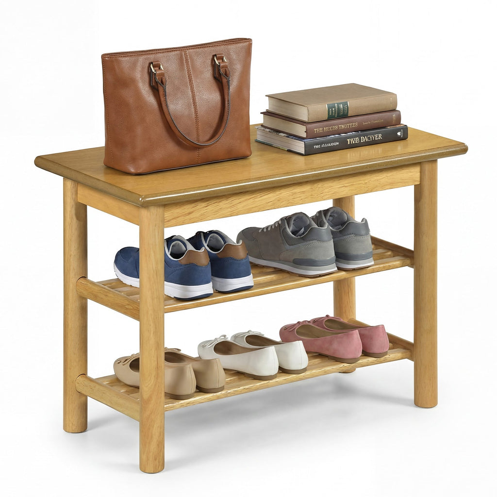 Shoe Rack Bench 3-Tier Rubberwood Shoe Changing Bench-Natrual