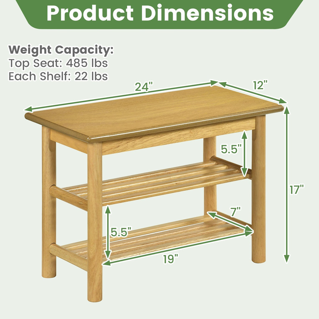 Shoe Rack Bench 3-Tier Rubberwood Shoe Changing Bench-Natrual
