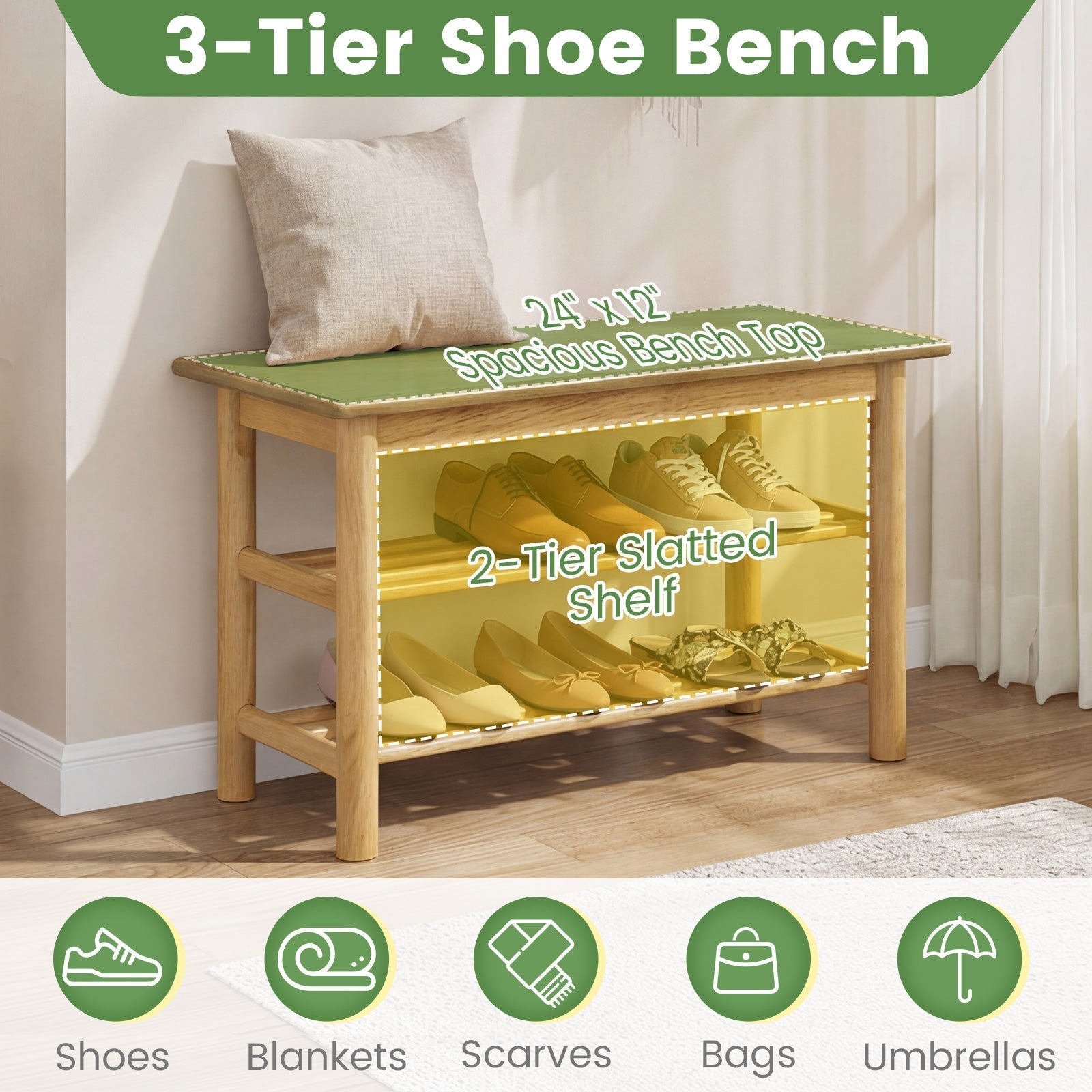 Shoe Rack Bench 3-Tier Rubberwood Shoe Changing Bench-Natrual