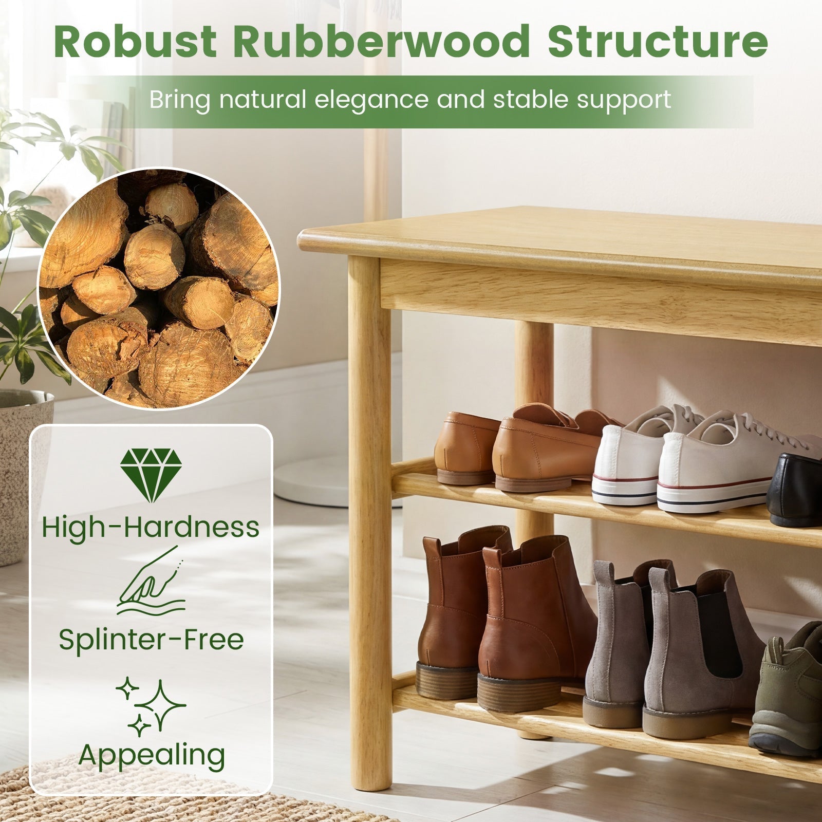 Shoe Rack Bench 3-Tier Rubberwood Shoe Changing Bench-Natrual