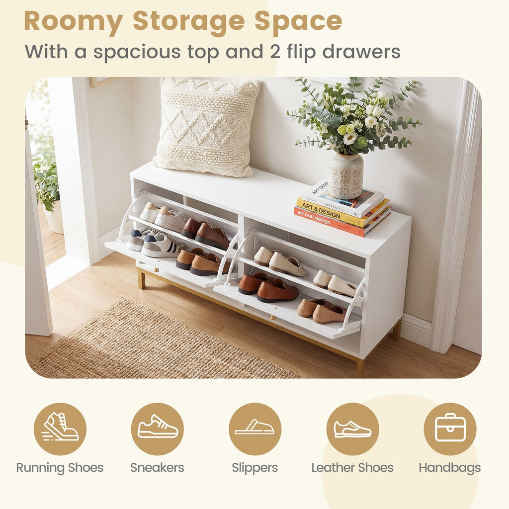 Shoe Storage Bench Narrow Entryway Bench with 2 Flip Drawers Adjustable Shelves-White