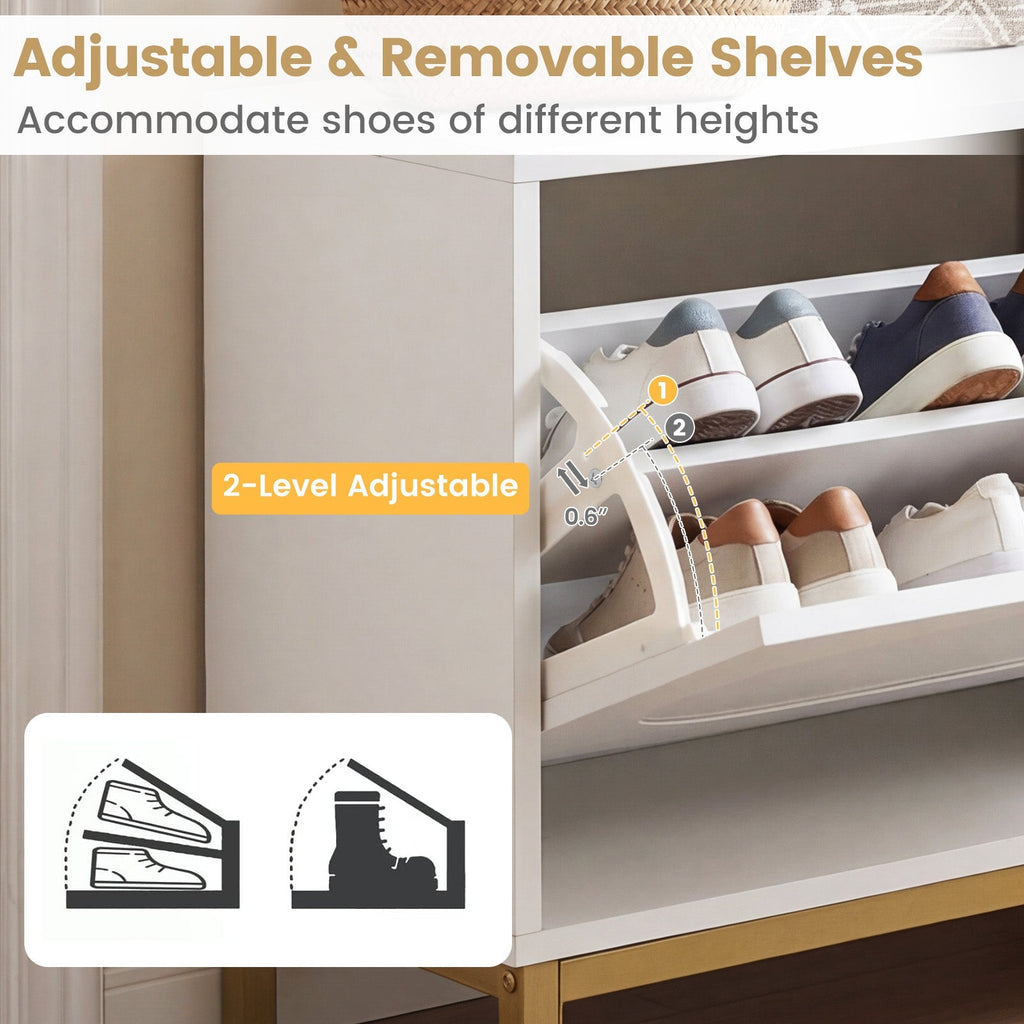 Shoe Storage Bench Narrow Entryway Bench with 2 Flip Drawers Adjustable Shelves-White