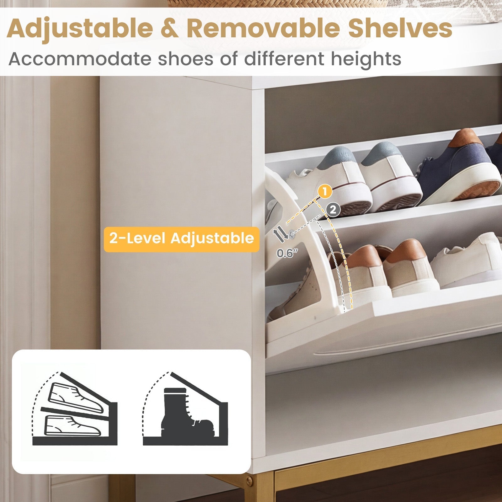 Shoe Storage Bench Narrow Entryway Bench with 2 Flip Drawers Adjustable Shelves-White