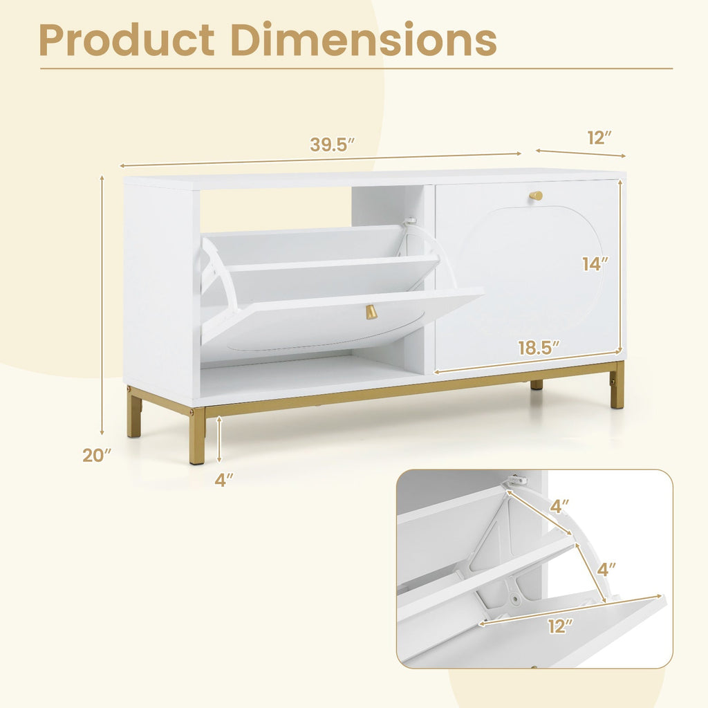 Shoe Storage Bench Narrow Entryway Bench with 2 Flip Drawers Adjustable Shelves-White