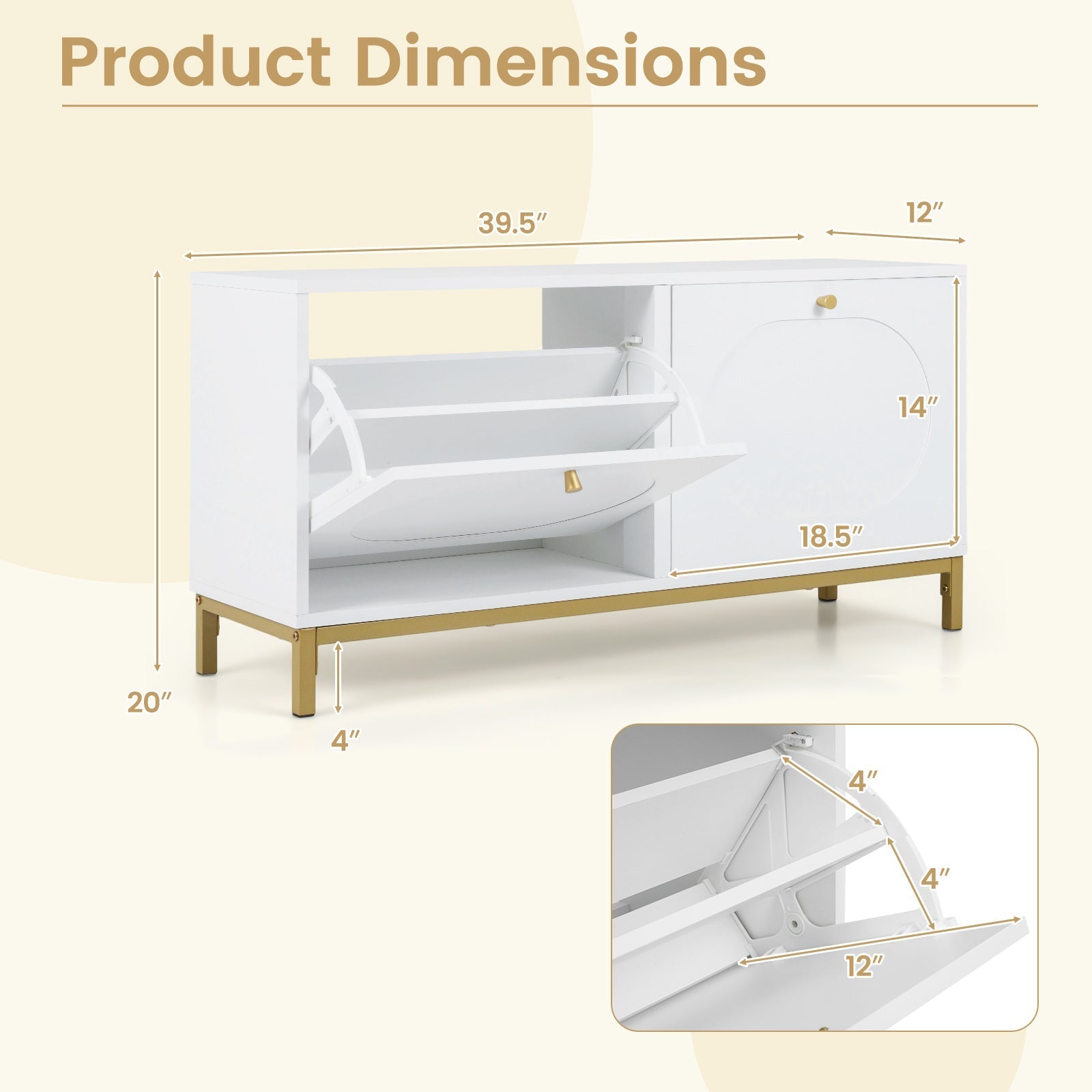 Shoe Storage Bench Narrow Entryway Bench with 2 Flip Drawers Adjustable Shelves-White