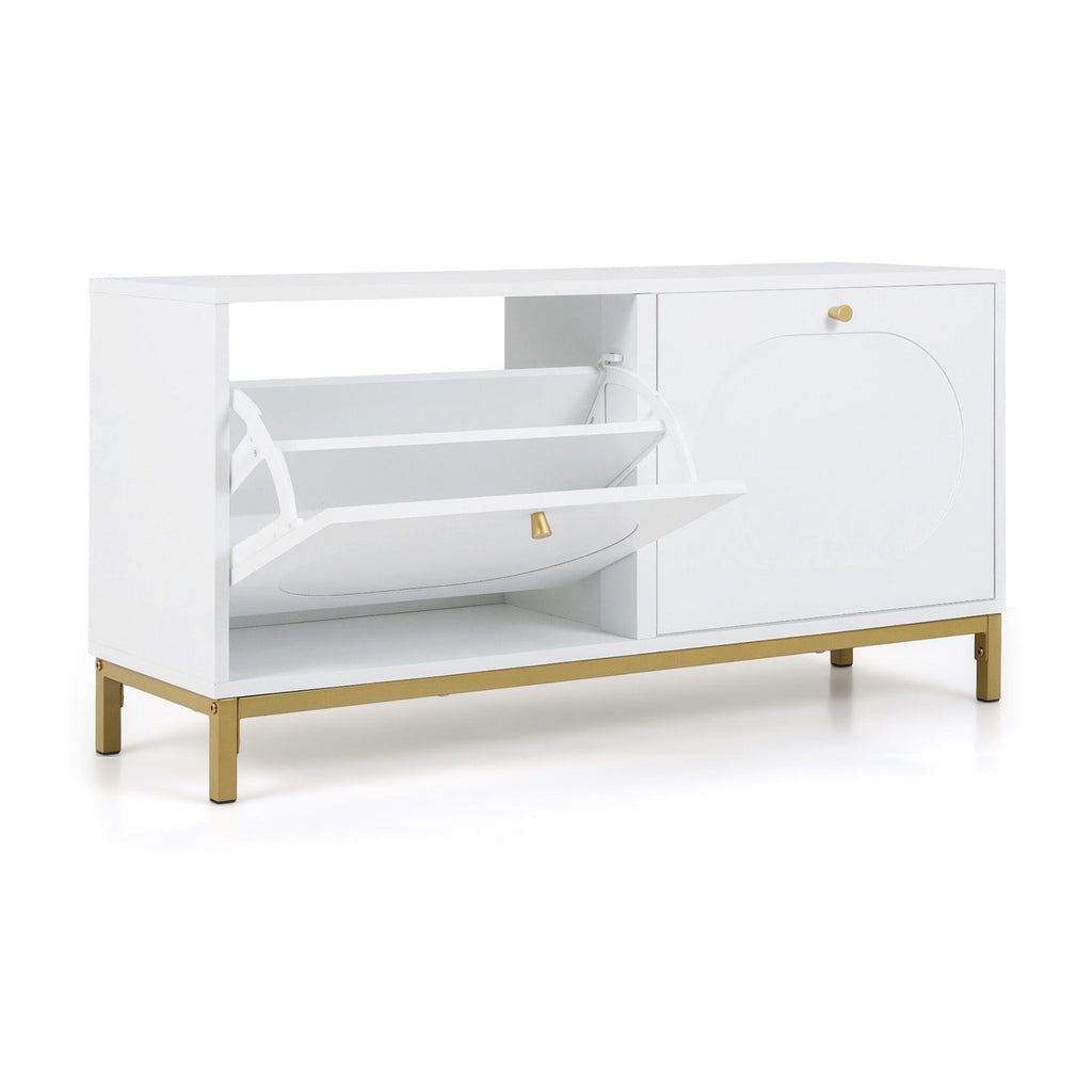 Shoe Storage Bench Narrow Entryway Bench with 2 Flip Drawers Adjustable Shelves-White
