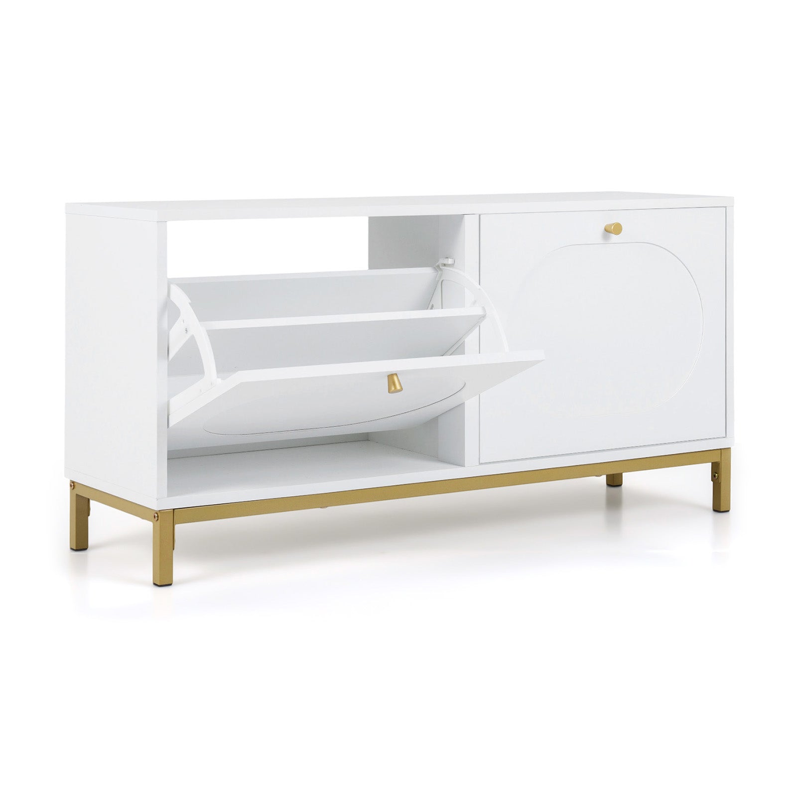Shoe Storage Bench Narrow Entryway Bench with 2 Flip Drawers Adjustable Shelves-White