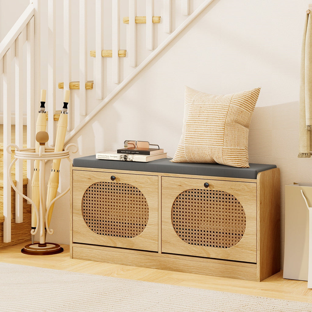 Shoe Storage Bench with Cushion Entryway Rattan Shoe Bench-Natural