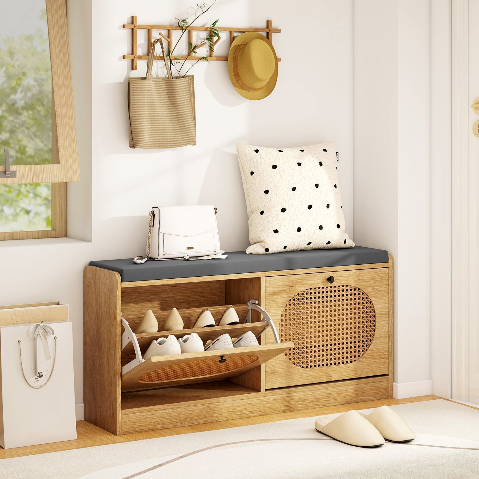 Shoe Storage Bench with Cushion Entryway Rattan Shoe Bench-Natural