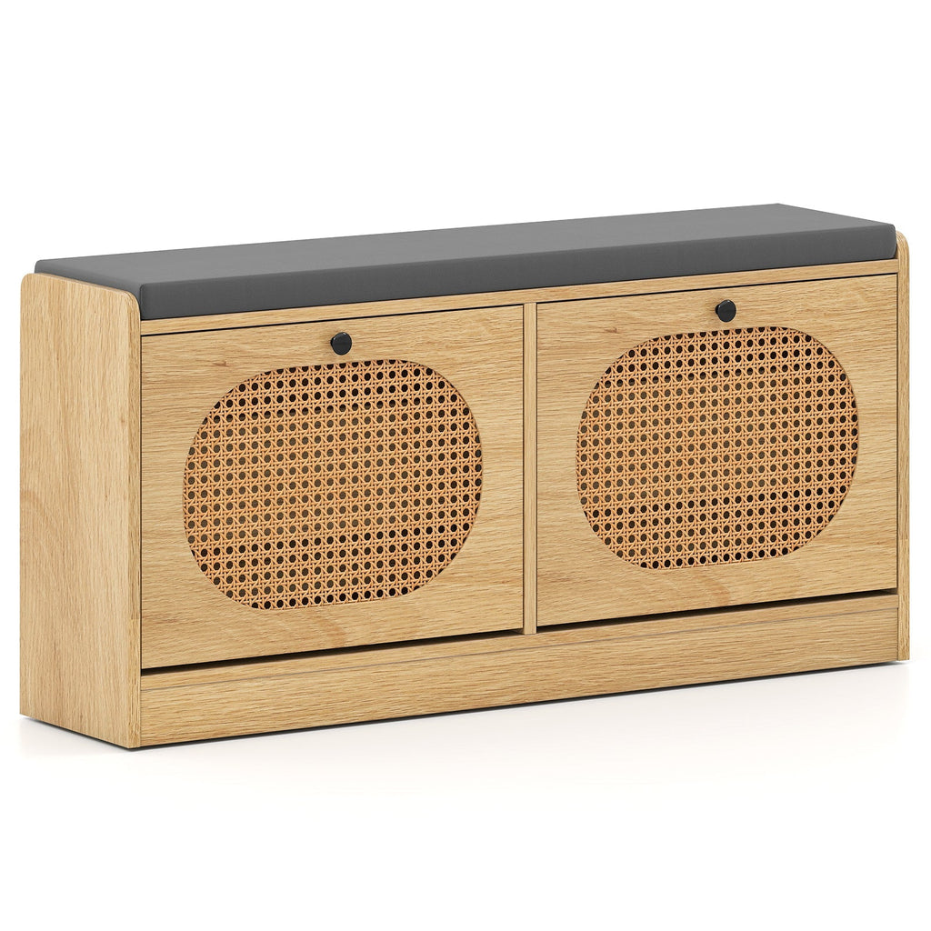 Shoe Storage Bench with Cushion Entryway Rattan Shoe Bench-Natural