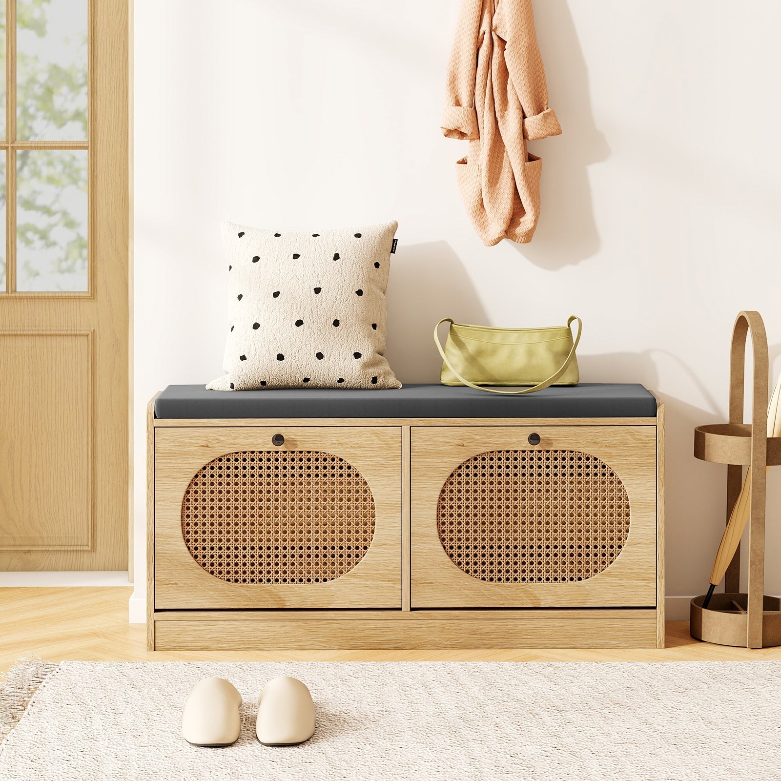 Shoe Storage Bench with Cushion Entryway Rattan Shoe Bench-Natural