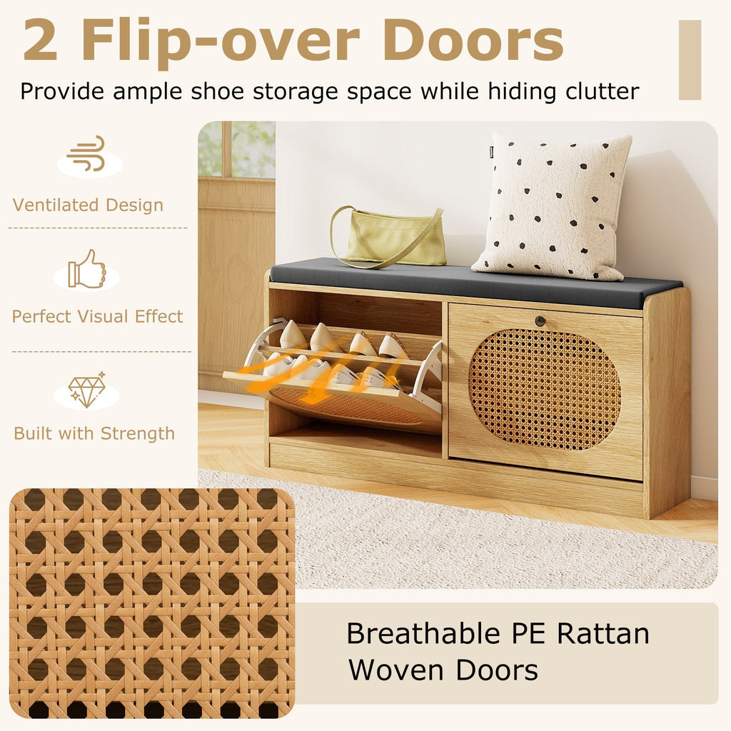 Shoe Storage Bench with Cushion Entryway Rattan Shoe Bench-Natural