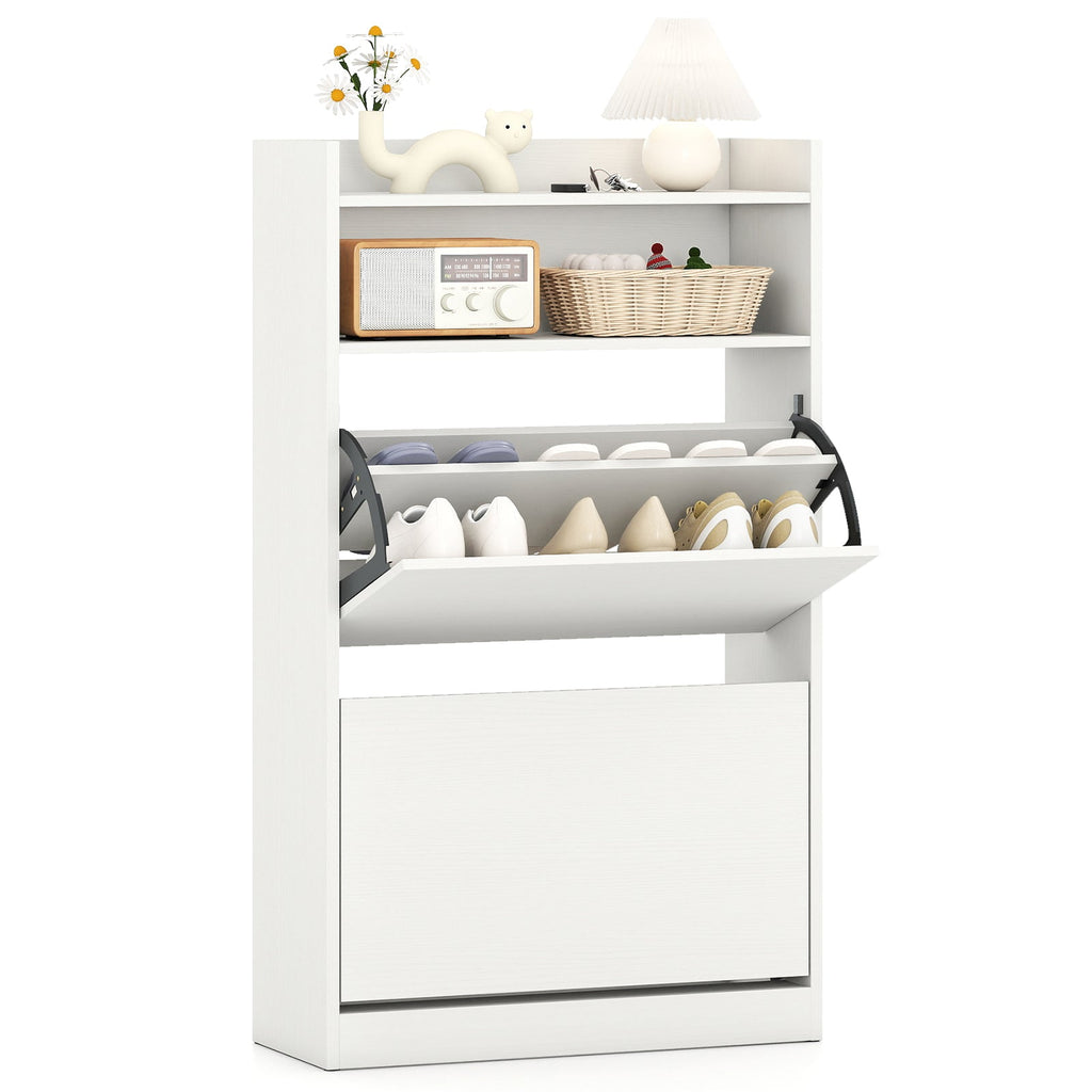Shoe Storage Cabinet Hidden Shoe Rack with 2 Flip Drawers Adjustable and Removable Shelves-White