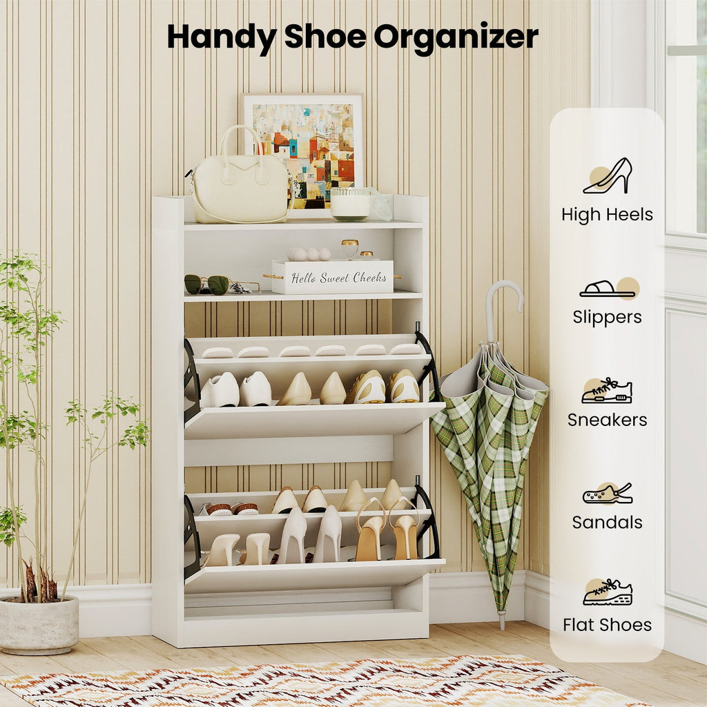 Shoe Storage Cabinet Hidden Shoe Rack with 2 Flip Drawers Adjustable and Removable Shelves-White