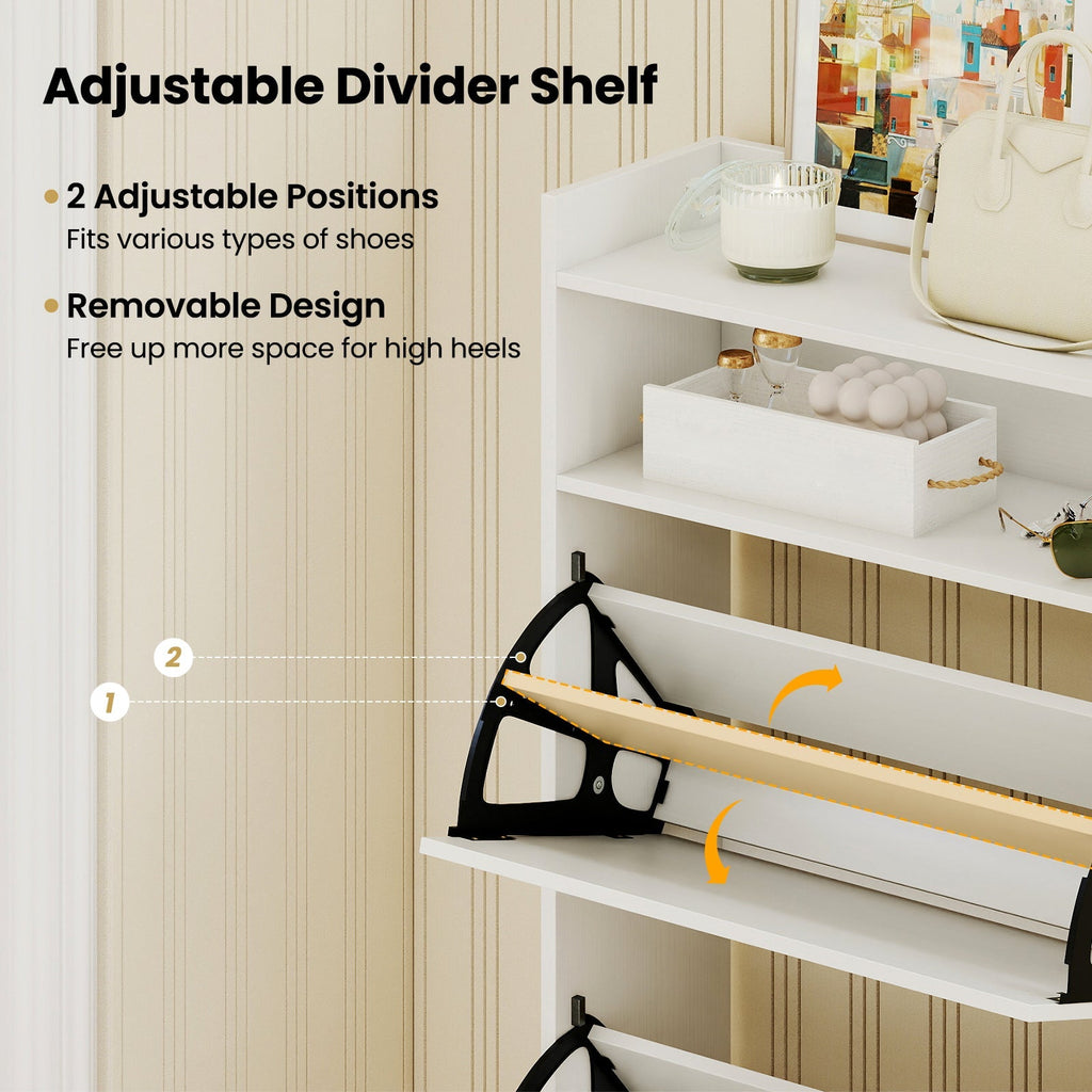 Shoe Storage Cabinet Hidden Shoe Rack with 2 Flip Drawers Adjustable and Removable Shelves-White