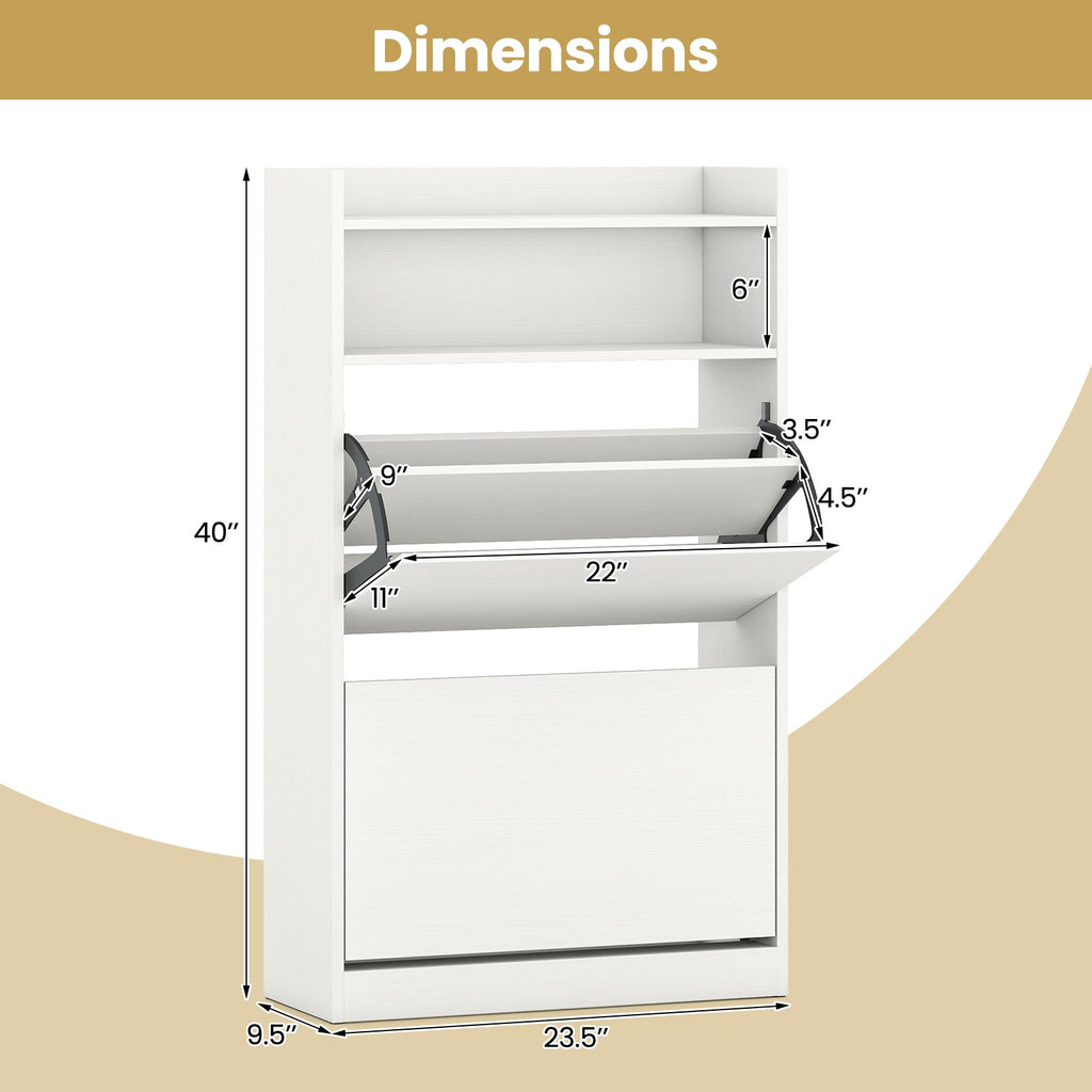 Shoe Storage Cabinet Hidden Shoe Rack with 2 Flip Drawers Adjustable and Removable Shelves-White