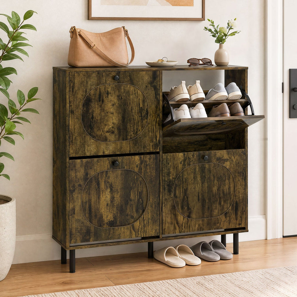 Shoe Storage Cabinet with 4 Flip Drawers - Rustic Brown