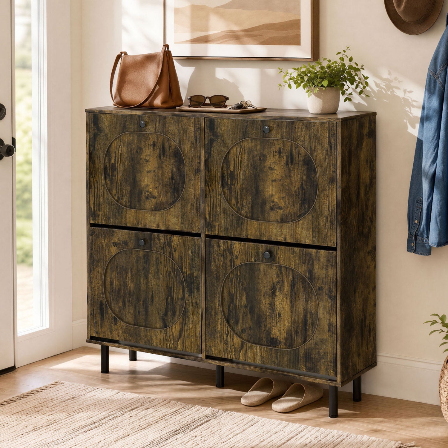 Shoe Storage Cabinet with 4 Flip Drawers - Rustic Brown