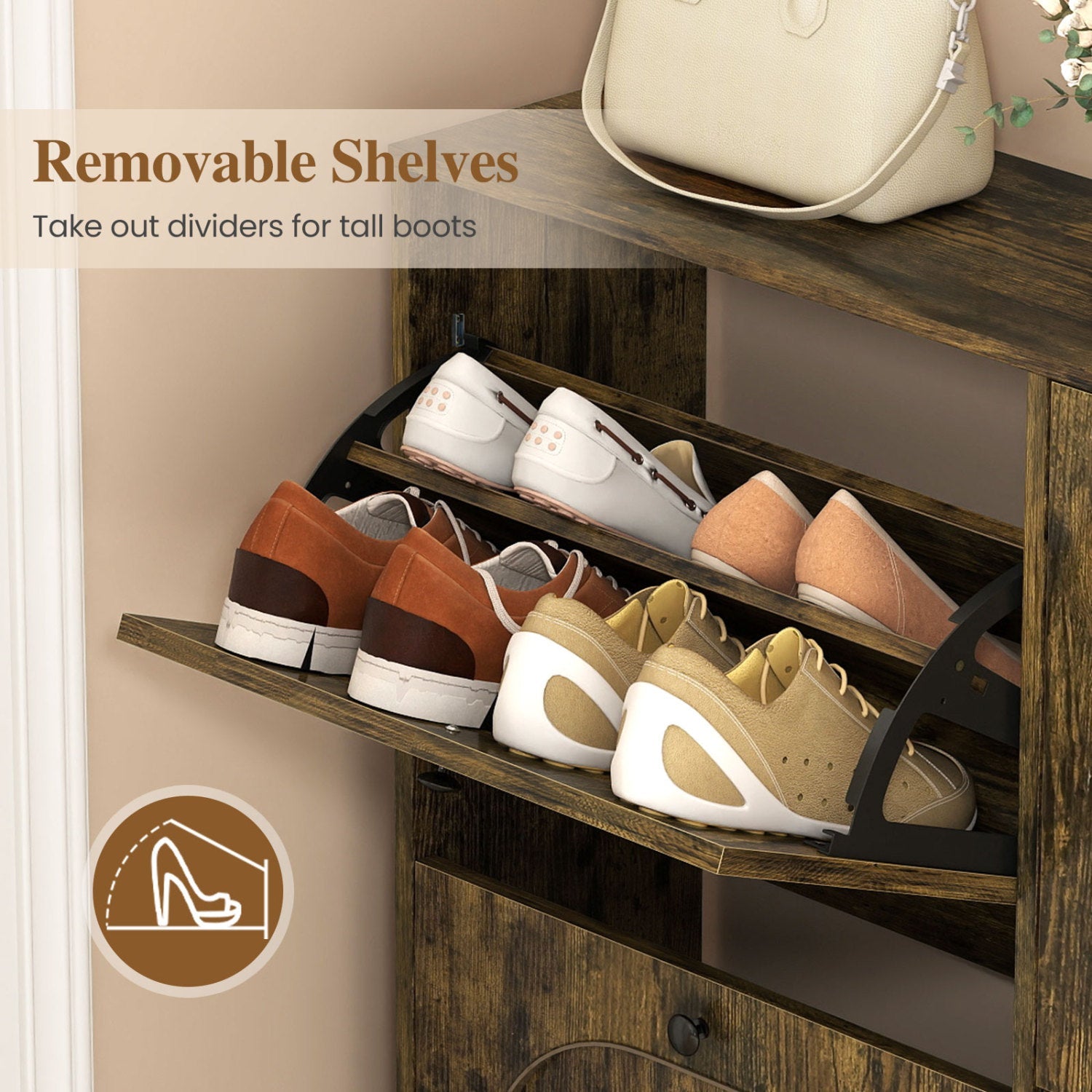Shoe Storage Cabinet with 4 Flip Drawers - Rustic Brown