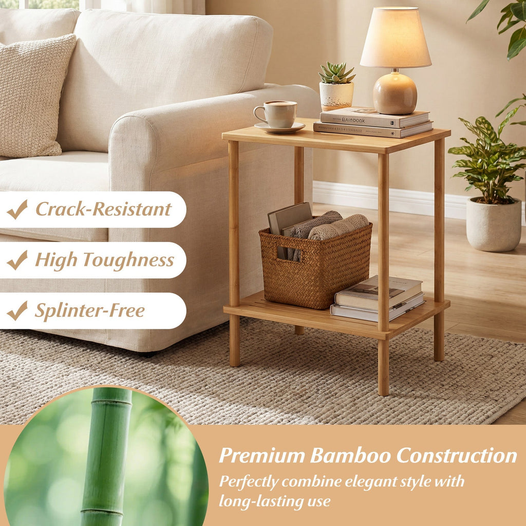 Side Table Set of 2 2-Tier Bamboo End Table with Storage Shelves Rectangular Tea Sofa Table-Natural