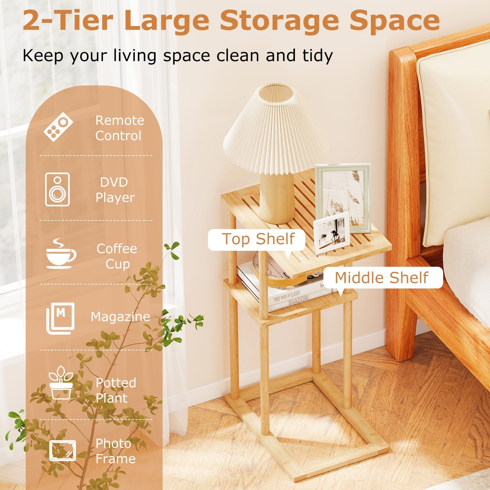 Side Table Set of 2 with Storage Shelves and Bamboo Construction-Natural