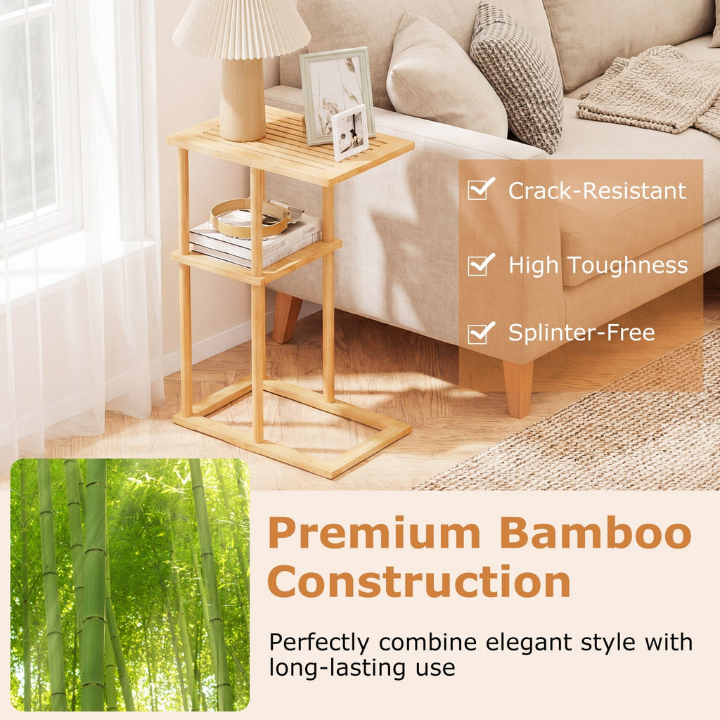 Side Table Set of 2 with Storage Shelves and Bamboo Construction-Natural