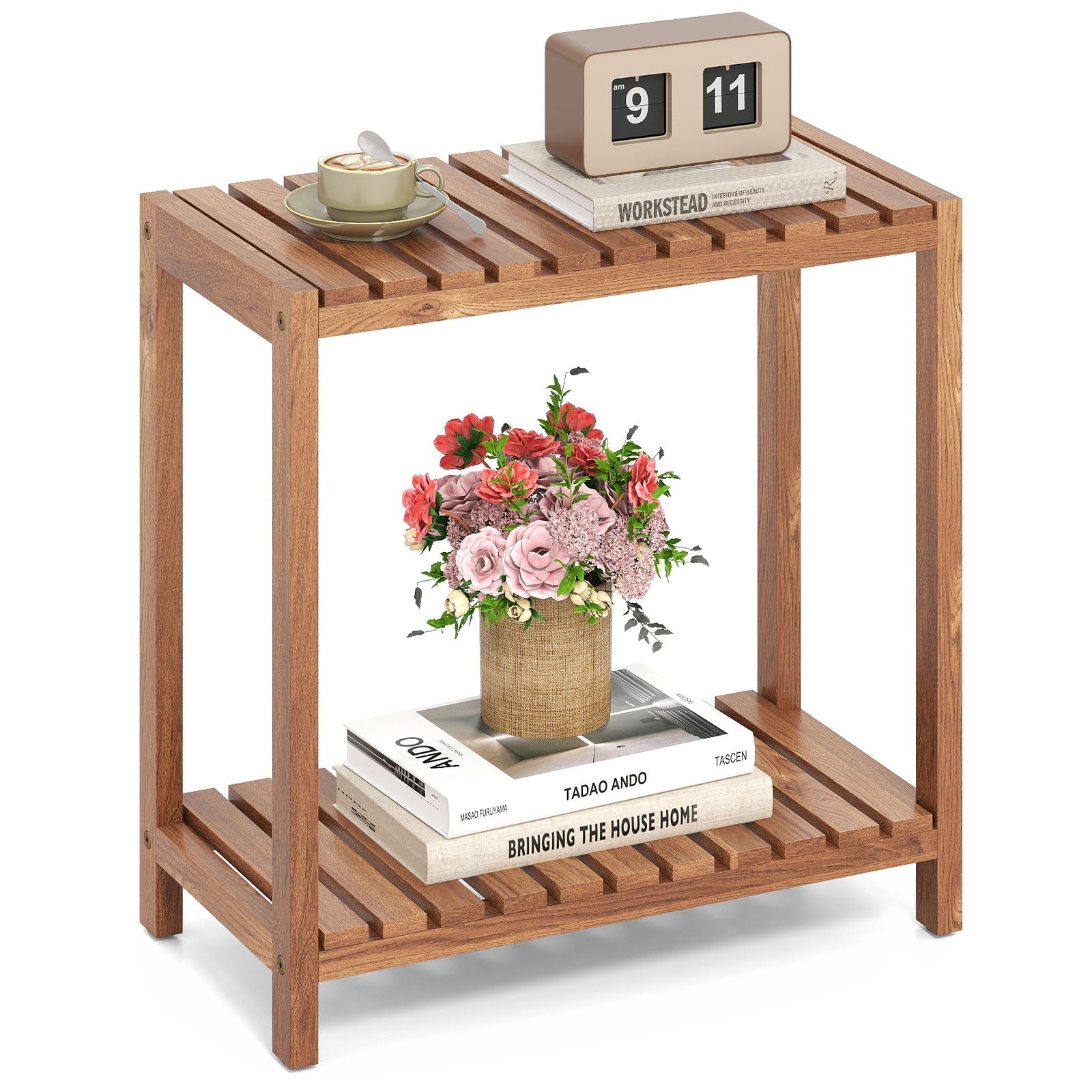 2/3-Tier Side Table Teak Wood Stand Utility Storage Shelf-3