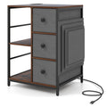 Side Table with Charging Station Industrial Nightstand with Open Shelves-Rustic Brown